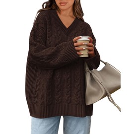 Okiwam Women's Oversized Sweaters Fall 2025 Long Sleeve V Neck Cable Knit Pullover Tops Chunky Trendy Outfits-M Brown