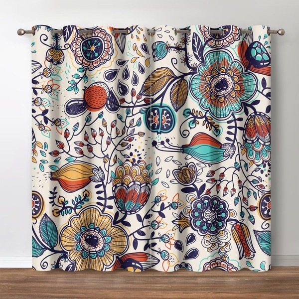 Jekeno Boho Floral Blackout Curtains, Bohemian Art Abstract Flower Print