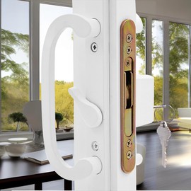 DECEBALUS Sliding Glass Patio Door Handle Set with Mortise Lock and Key Cylinder, Offset Thumbturn Fits Door Thickness from 1-1/2" to 1-3/4", 3-15/16” Screw Hole Spacing, Non-Handed (DCSM-2320)