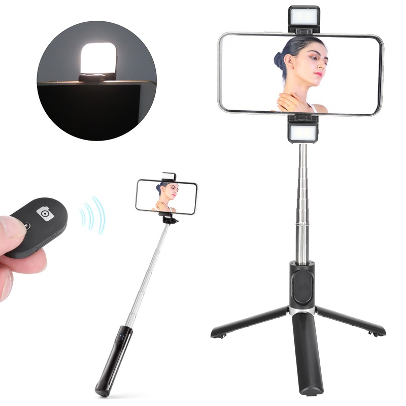 Tripod Selfie Stick with Light Mobile Phone Wireless Bluetooth Foldable