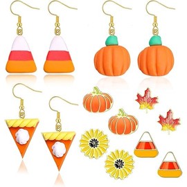 Autumn Earrings Set for Women, 7 Pairs Thanksgiving Day Stud Earrings - Lightweight & Colourful, Pumpkin, Sunflower, Maple Leaf & Candy Motif, Jewellery for Thanksgiving & Autumn Gifts