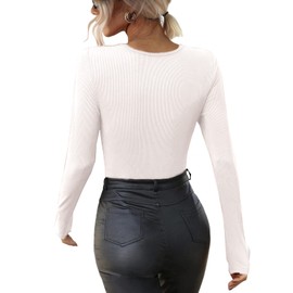 Vrtige Women's Crewneck Ribbed Knit Cut Out Long Sleeve Bodysuit Leotard Top Jumpsuit White Large