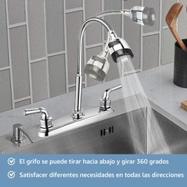 Mezcladora para Fregadero, Grifo Mezclador de Fregadero de Cocina con Rotación de 360° con Dos Asas, Llave para Fregadero de Cocina de Cuello Flexible, Cocina de Acero Inoxidable con 2 Mangueras