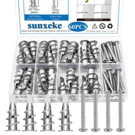Sunxeke 60pcs Zinc Self-Drilling Drywall Anchors with Screws Kit,30PCS Heavy Duty Metal Wall Anchors and 30PCS Screws(#8 x 1-1/4''),Metal Drywall Anchors Easy Application No Drill or Holes in Wall
