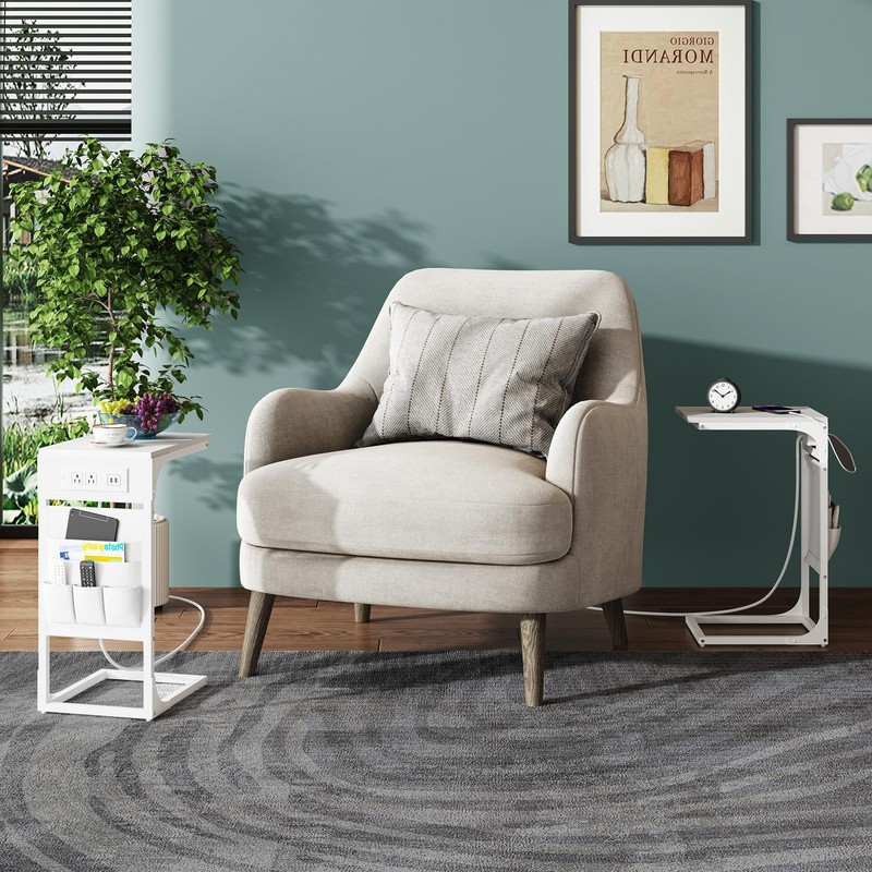 TUTOTAK C Shaped End Table with Charging Station, Side Table