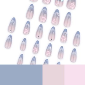 24 Pcs Glitter Gradient Press on Nails Medium Almond Fake Nails Full Cover False Nails Blue Cat Eyes Rhinestones Designs French Tip Spring Flower Acrylic Nails Stick on Nails for Women Nail Art