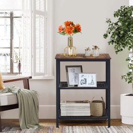 VECELO Tall End Side Tables, 30" Height Nightstand with 3-Tier Storage Shelf for Bedroom Living Room, Easy Assembly,Industrial Style, 2 Pack, Retro Brown