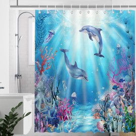 Avezano Dolphin Shower Curtain Blue Ocean Dolphin Ocean Animal Bathroom Shower Curtain Dolphin Waterproof Fabric Shower Curtain Bathtub Decor with 12 Hooks 72 X 72 Inch