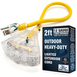 2 ft Short Outdoor Extension Cord Waterproof - 12 Gauge Heavy Duty Extension Cord Splitter Outdoor 2 ft - Lighted Outdoor Extension Cords with Multiple Outlets - Watts Wire - 2' Grounded