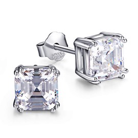 Gorgeous Asscher Cut Square AAAAA Cubic Zirconia CZ Brilliant Cut 8 Prong Setting Sterling Silver Unisex Stud Earrings (6mm 1ct.) With Gift Box