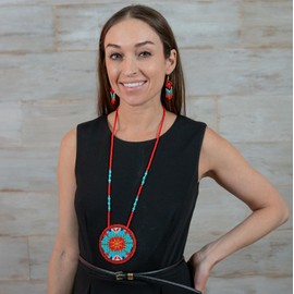 Handmade Southwestern Native American Inspired Beaded Medallion Necklace Earrings Set (Red Flower)