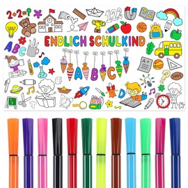 Colouring Tablecloth for School, Colouring Tablecloth Children, Paper Tablecloth Colouring First Day of School Child School Cone ABC 123 Animals Motifs, with 12 Colouring Pencils, First Day of School