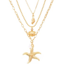 Layered Bohemian Puka Shell Necklace Pearl Starfish Conch Seashell Choker Necklaces for Women Summer Beach Holiday Beach Surfer Jewelry- F