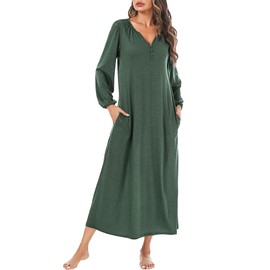 Marvmys Womens Long Sleeve Cotton Night Gown Long Henley Nightshirt Sleep Dress with Pockets Green XL