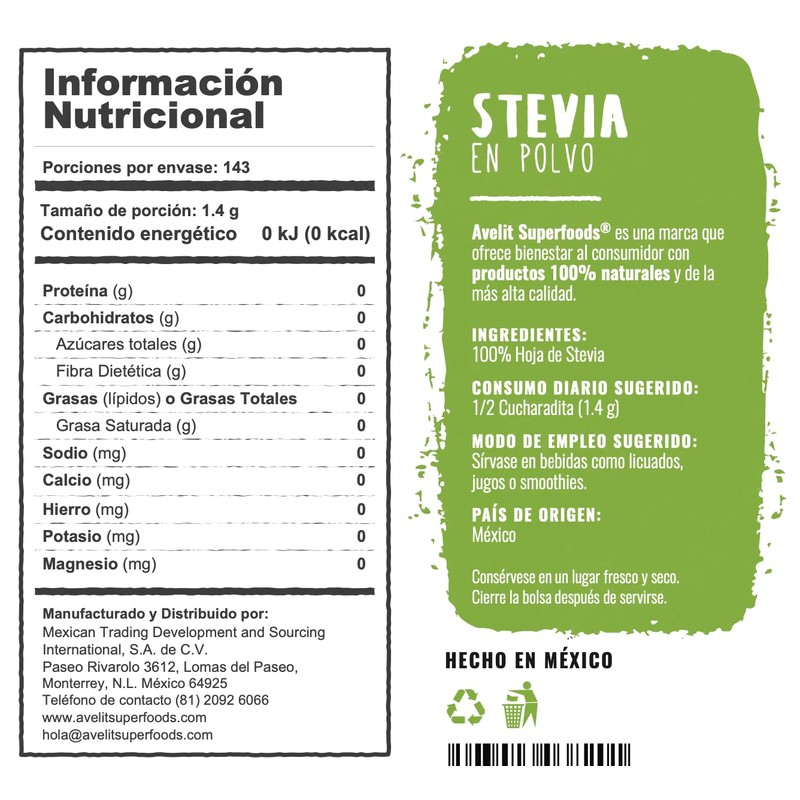 Avelit Superfoods | Stevia en Polvo Natural 200g | 100%