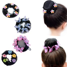AsggBah 4pcs Hair Bun Cover Butterflies Flowers Deco Medium Sized Hairball Net with Drawstring Hair Snood for Young Girls Kids Dancers (2pcs Butterfly+2pcs Flower)