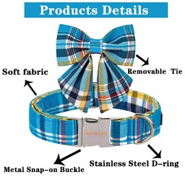 Unique style paws Blue Plaid Dog Collar with Bow Cute Puppy Collar for Small Medium Large Dogs as Autumn Winter Pet Gifts-M