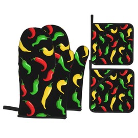Hot Chili Peppers Oven Mitts and Pot Holders Set of 4, Oven Mittens and Potholders Heat Resistant Gloves for Kitchen Cooking Baking Grilling BBQ