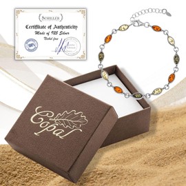 Copal Women's Bracelet with Genuine Amber Multicoloured Natural and Sterling Silver, Sterling Silver, Amber