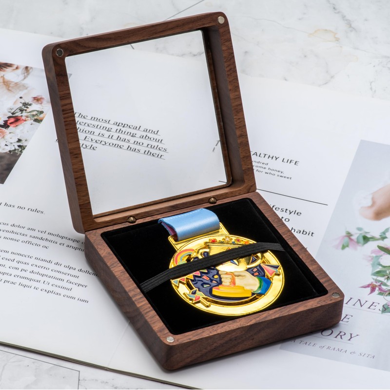 COSISO Single Solid Walnut Wood Medal Display Storage Box with