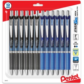 Pentel Energel 0.5 mm Rtx Retractable, 12 Pack of 6 Black & 6 Blue Ink Pens Needle Tip, Pens 0.5 mm Fine Point