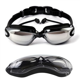 HSTWODE - Optical Swimming Goggles with Prescription One-Piece Swimming Goggles with Earplugs, Dioptres: -1.5 to -8.0, Anti-Fog UV Protection, Interchangeable Nose Pads. (Black |-6.5)