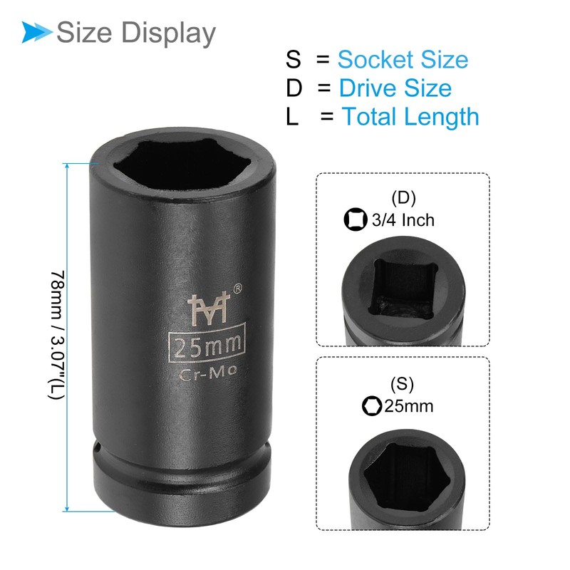 CoCud 6-Point Deep Impact Socket, 3/4-Inch Drive 25mm Socket, Cr-Mo