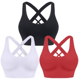 HANERDUN Women's Mittle Support Sports Bra Crossback Push Up Yoga Bra Seamless Without Underwire with Removable Padded for Fitness Running Jogging, 3 pieces (black + white + red)