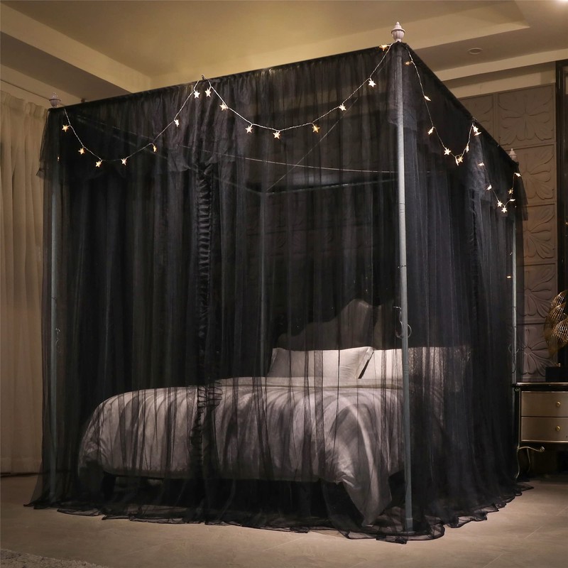 VETHIN 4 Corners Post Ruffle Princess Bed Canopy Curtain-Double Layer