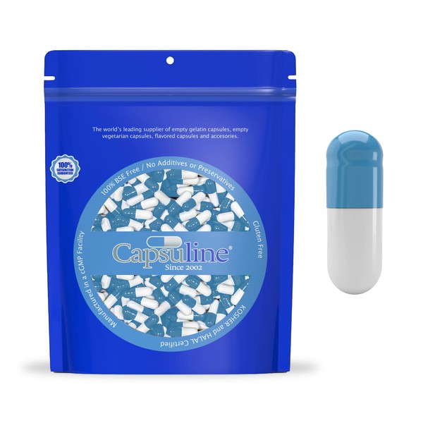 Capsuline Colored Size 0 Empty Gelatin Capsules Blue/White 1000 Count |Kosher & Halal Certified |Gluten Free