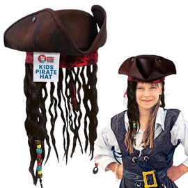 Nicky Bigs Novelties - Sombrero de pirata para niños con rastas y banda roja con filigrana floral - Peluca de bucanero para niñas y niños, accesorio de sombrero de trimaíz pirata caribeño, café