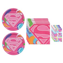 Super Girl Super Hero Power Birthday Party Supplies Bundle Pack for 16 includes Dessert Plates, Napkins, Stickers