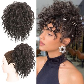 Allyreetress Messy Bun Hair Piece, Yaki Textured Sweet Loose Wavy Curly Hair Bun Hair Toppers Synthetic Hairpieces Pony Tails Short Drawstring Ponytail Extensions for Women(Natural Black)