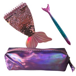 FAMU Land Mermaid School Pencil Case for Girls – Pack with Notebook Case and Pen – Children's School Supplies for Gifting – Pad with Shiny Mermaid Scales of Pink Colours., lilac, School Bags