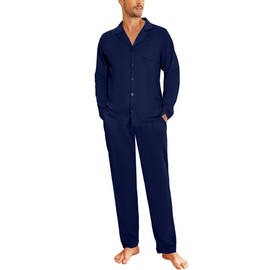 Aseniza Men's Long Pyjamas Button Down Cotton Two-Piece Sleepwear Men's Long Sleeve Set Winter, navy blue, XL