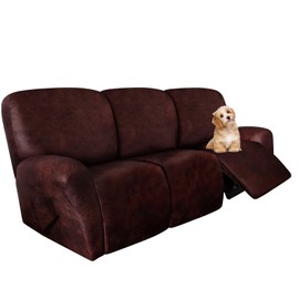 molasofa Recliner Sofa Covers - 8 Pieces Stretch Leather Like Large Couch Covers for 3 Seats Reclining Slipcovers Soft Jacquard Pattern Furniture Protector with Elastic Bottom (Red)