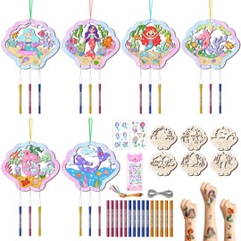 TREACLUB 12 Sets Mermaid Wind Chimes Wooden Craft Color Your Own Summer Windchime DIY Unfinished Wood Hanging Ornaments for Kids Birthday Decor School Activities Party Favors Baby Showers