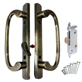 8.5" Legacy Sliding Patio Glass Door Handle Set – Offset Latch, Non-Keyed, Antique Brass – Sash Controls 2265 Handle & 45° Mortise Lock – Fits 3-15/16” Screw Spacing & 1-1/4" to 2-1/4" Thick Doors