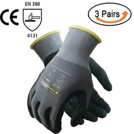 TARANTULA Nitrile Coated Safety Work Gloves, 13 Gauge Grey Nylon/Spandex Shell with Black Breathable Foam Nitrile Coated on Palm and Fingers, 3 Pair Per Pack