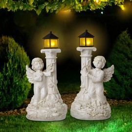 JUMRHFAN 1 Pair Garden Angel Figurine Statue with Solar Lights, Solar Resin Cherub Angel Statue with Roma Pillar for Garden Decor, Porch, Patio, Yard