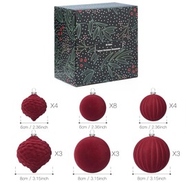 KI Store Velvet Christmas Baubles Red 25pcs Shatterproof Flocked Christmas Tree Ornaments 80mm 60mm Assorted for Xmas Tree Decorations