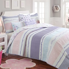Cozy Line Home Fashions Lavender Blue Pink Ruffles Girl 100% Cotton Reversible Quilt Bedding Set, Coverlet, Bedspread (Purple Dream, Queen - 3 Piece)