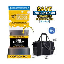 For Spirit Airlines Personal Item Bag 18x14x8 Foldable Travel Duffel Bag With Wet Pocket Carry on Bag Underseat for Airplane Duffle Bag Overnight for Women and Men (Black)