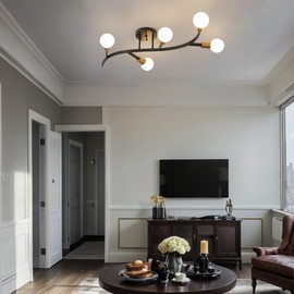 Salburyao Black and Gold Modern Sputnik Ceiling Light Fixture 5-Lights,Mid Centur Minimalist Semi Flush Mount sputnik Chandelier for Living Room,Dining Room,Bedroom,Hallway,Kitchen(Bulbs Not Included)