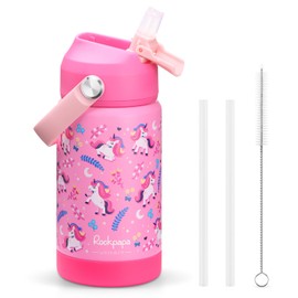 rockpapa Kids Insulated Water Bottle with Straw, BPA-Free, 18/8 Stainless Steel, Leak Proof, 14OZ Metal Cup Water Bottle for School Boys Girls (Pink Unicorn)
