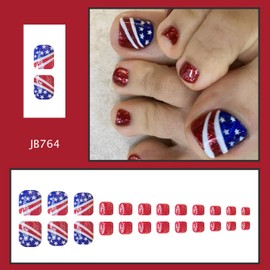 Independence Day Press on Toenails July 4th Fake Toenails Full Cover Glitter Stick on Toenails with American Flag designs Acrylic ToeNails Red Blue Patriotic False Toenails for Women 24pcs