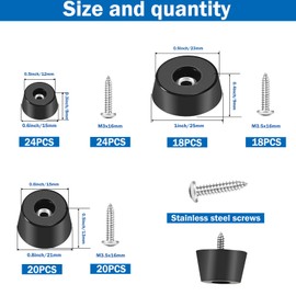 Sunxeke 124Pcs Non-Slip Cutting Board Rubber Bumper Feet with Stainless Washer Screws Kit,3 Sizes (0.6inch, 0.8inch, 1inch) for Furniture, Cabinets, Electronics - Medium Hard Rubber Pads
