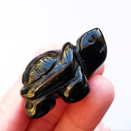 Manekieko Natural Black Obsidian Tortoise Crystals and Healing Stones, 35mm Carved Animal Collectible Sculpture Fengshui Healing Crystal