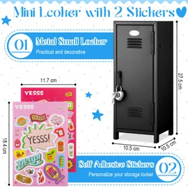 Vercraft Mini Locker with Lock Keys Stickers 10.8inch Small Storage Locker Desk Locker Metal Small Locker Miniature Storage Locker Functional Safe Metal Locker for Desktop Bedroom Home Office (Black)