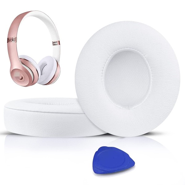 SoloWIT Earpads Cushions Replacement for Beats Solo 2 & Solo 3 Wireless On-Ear Headphones, Ear Pads with Soft Protein Leather, Added Thickness - (White)